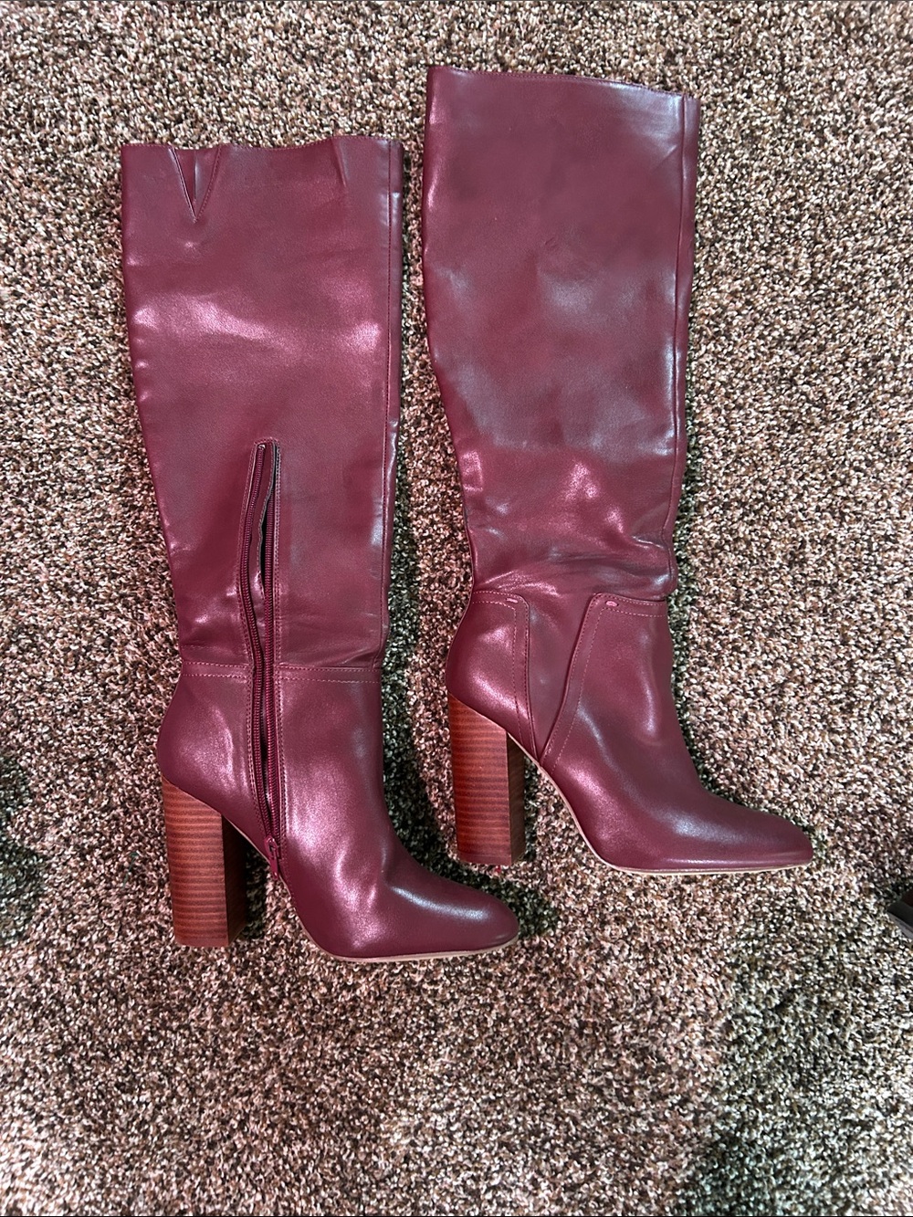 Women's Burgundy Knee-High Block Heel Boots